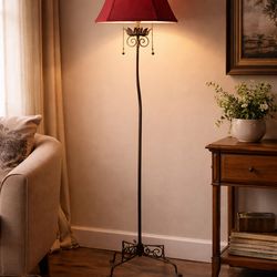 Vintage Wrought Iron Floor Lamp w/ Red Shade – Floral Detail – 62” Tall