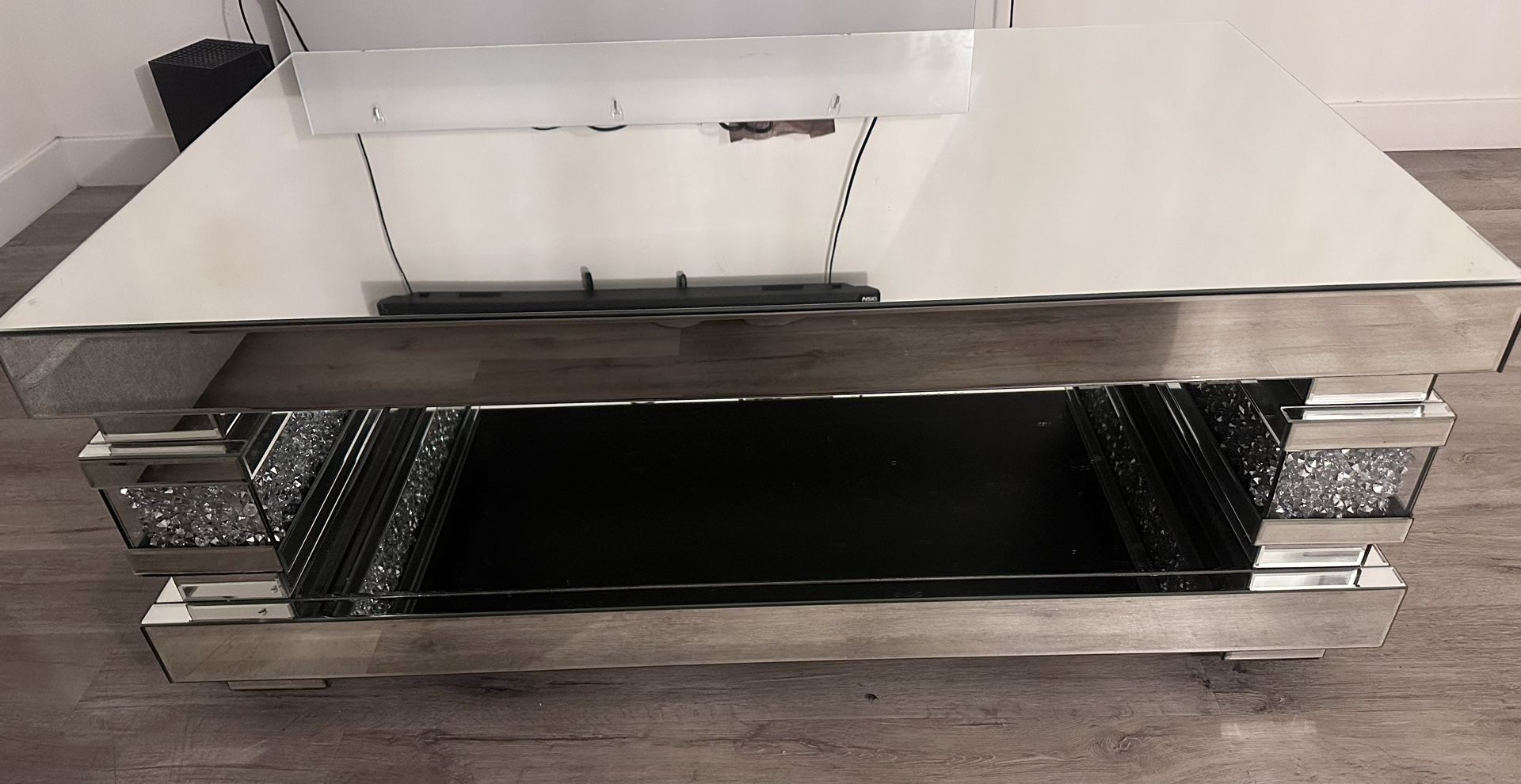Glass + crushed diamond mirrored coffee table/center table