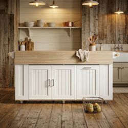 FUFU&GAGA White Composite Base with Composite Wood Top Rolling Kitchen Island ( 15.75-in x 63-in x 33.8-in )