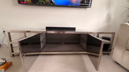 Modern TV Stand with Glass Top and Chrome Frame
