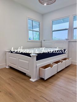 White full bed and mattress with drawers