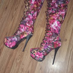 JLO9 Floral Thigh High Stiletto Boots 
