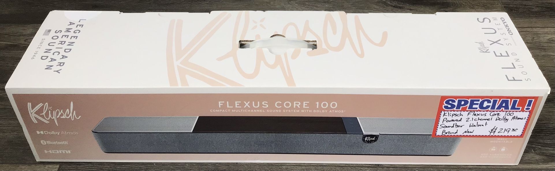 Klipsch Flexus Core 100 Powered 2.1 Channel Dolby Atmos Soundbar Walnut Brand New