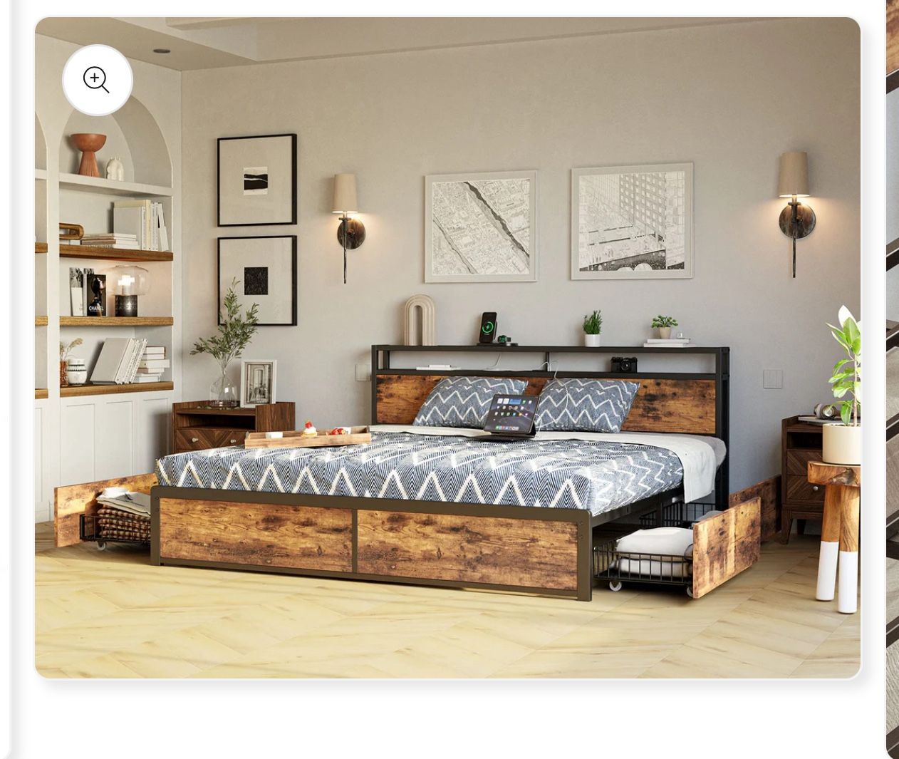 King Bed Frame with Storage Drawer & Charging Headboard in Vintage Brown
