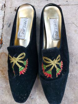 7.5 black velvet one inch heel slip ons