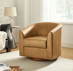 Genuine Leather Barrel Chair with 360-Degree Swivel Modern and Solid Wood Base for Contemporary Living Room and Office Seating CAMEL