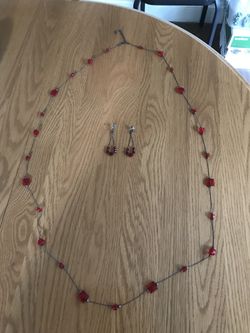 66” Red and silver bead necklace & earrings set