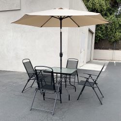 New in box $140 Patio 6 Piece Outdoor Set with 32x32” Table, 4pc Folding Chairs and 10 FT Tilt Umbrella 