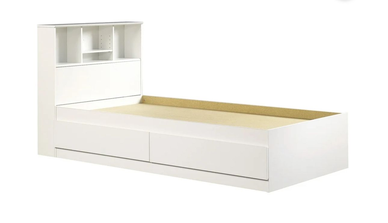 Twin Storage Bed with Bookcase Headboard, Soft White Finish