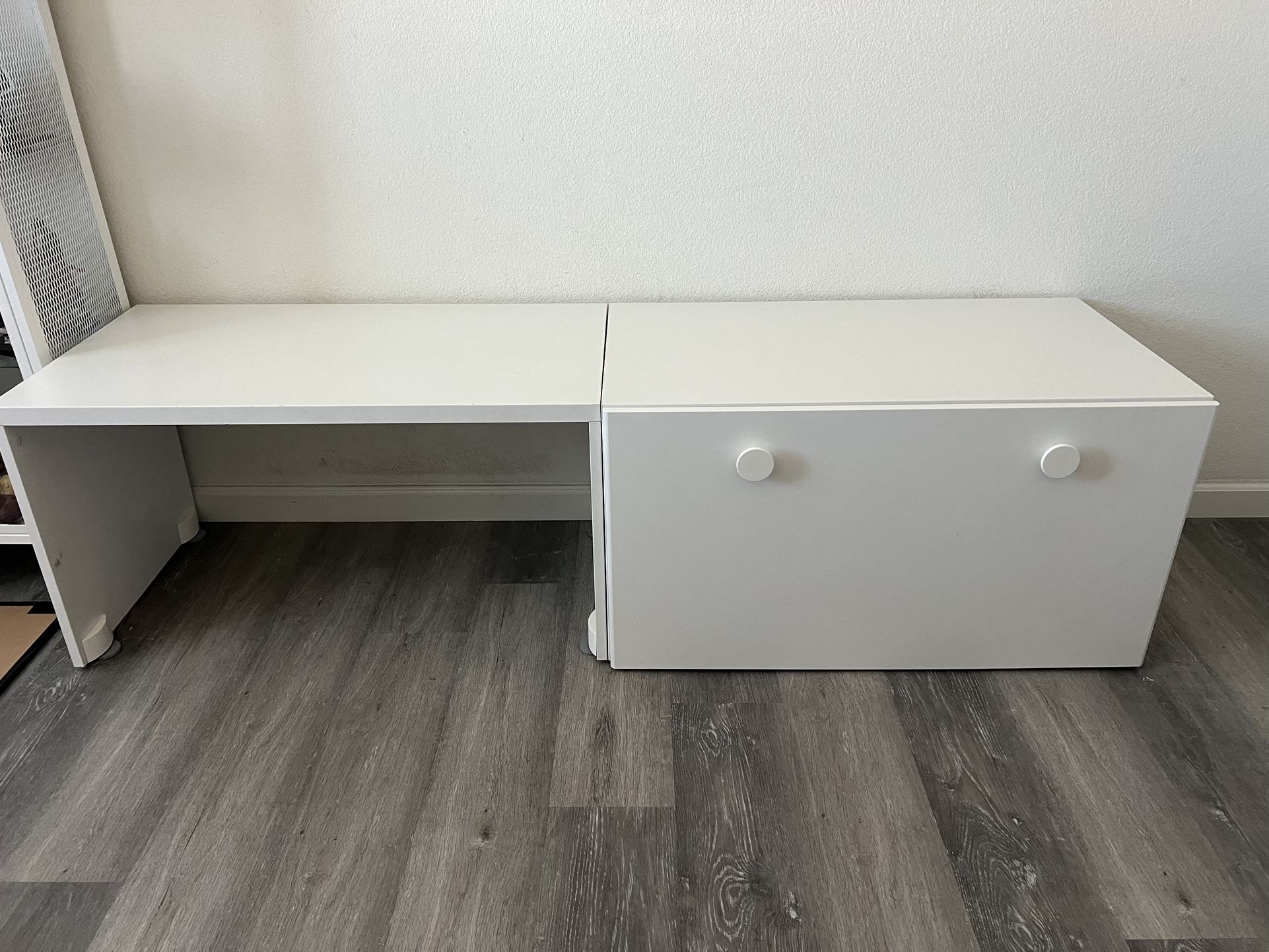 Ikea Kids (2) Desk Table Bench with toy storage, white/white, 35 3/8x20 1/2x18 718 "