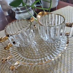 ANTIQUE SUGAR AND CREAM SET WITH TRAY 