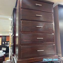 Brown Five Drawer Pinewood With Bar Handles 