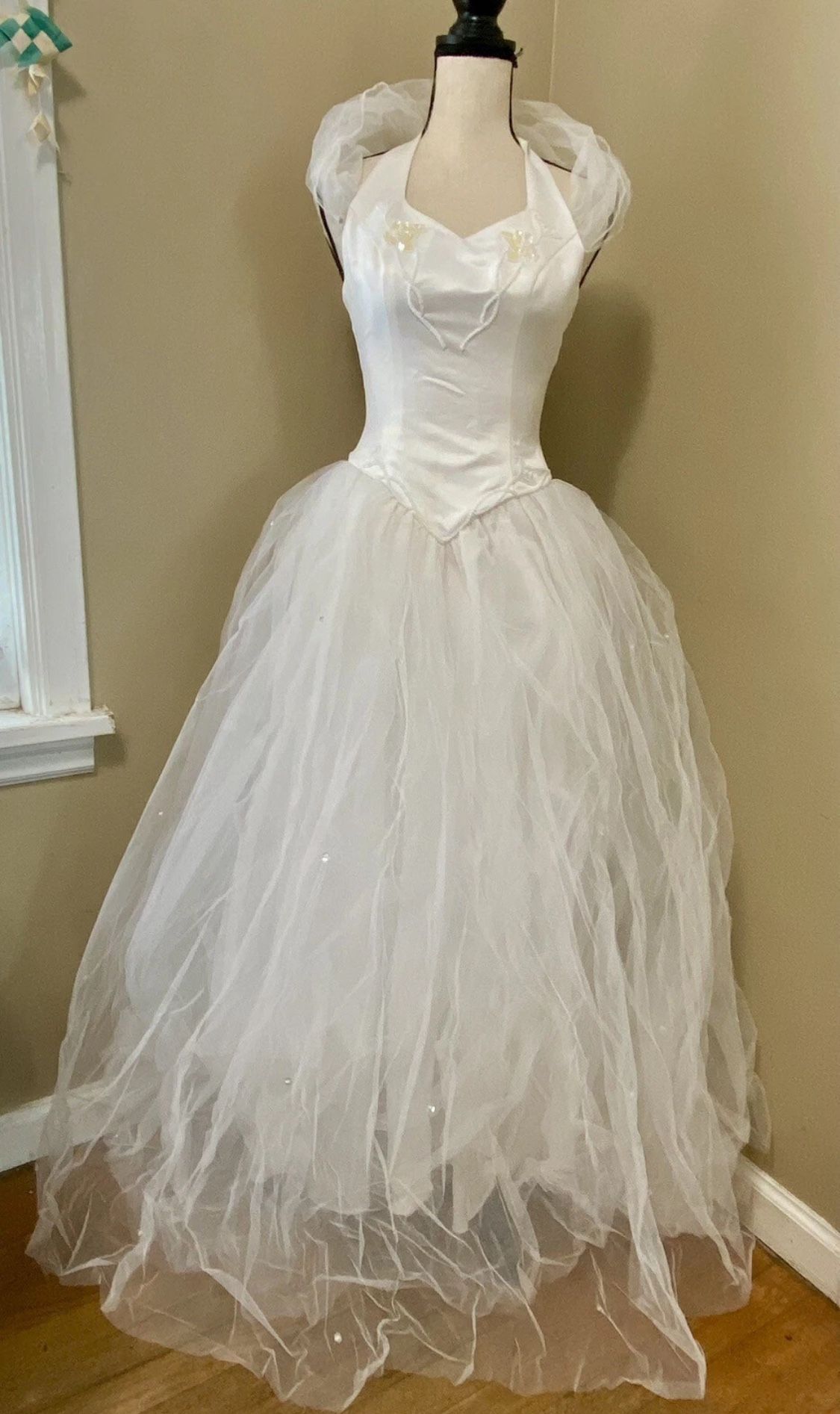 Vintage 90s Wedding Dress by Venus Sz 4W Tulle Sequin Skirt Pearl Bead Halter