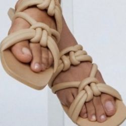 Zara Beige Leather Flat Tubular Strap Slip-on Sandals , it fits also like 36.