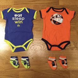 CUTE REEBOK Newborn Bodysuit Baby Boy 2 Sets with Socks 0-6 Months, Cotton
