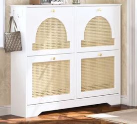 LOVMOR Mid-Century Narrow Design Tipping Bucket Shoe Cabinet with 4 Flip Drawers，$80