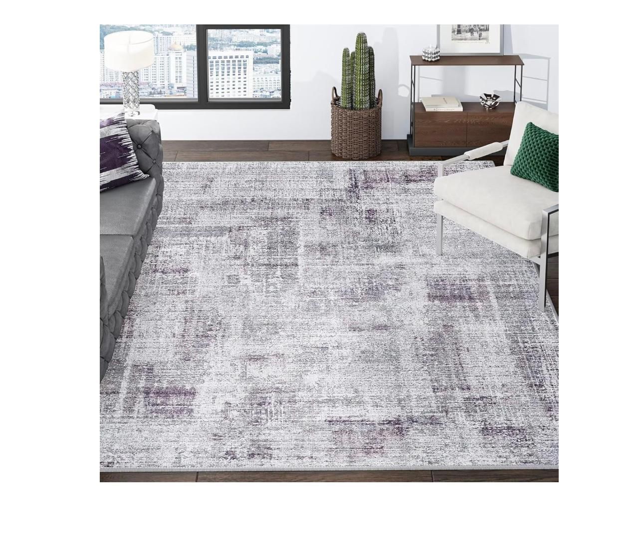 Eleisa Modern Abstract 10x14 Area Rug, Non-Slip Stain Resistant Washable Rug, Purple & Grey Large Rug for Living Room, Abstract Vintage (Purple Gray)