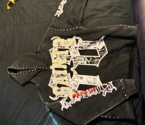 Black Graphic SAINTS Rhinestone Zip-Up Hoodie