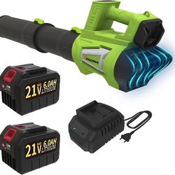Leaf Blower Cordless Brushless with 6Ah Battery*2 and Charger, Strap, 21V Quiet 6-Speed Electric Leaf Blower with Display for Lawn Care, Leaves & Snow