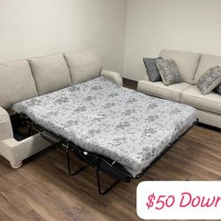 $50 Down Finance Reclining Sectional Sofa Loveseat Sleeper Bedroom Set Queen or King Bed Dresser  Chest Dresser Dining Table Free Delivery Free Matres