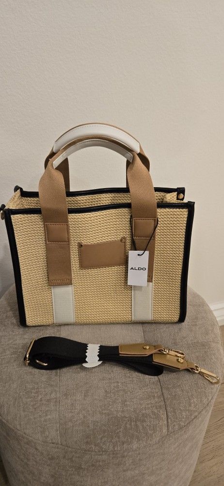 Brand New Aldo Light Brown Woven Tote Bag With Adjustable Crossbody Strap