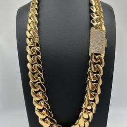 20mm Miami Cuban Link Yellow Gold Plated Chain Necklace 18k & 14k Crab Old School Iced out Diamond Lock 