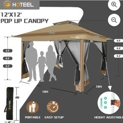 12'x12' HOME Outdoor Pop-up Patio Gazebo with Expansion Bolts, Heavy Duty Party Tent & Shelter with Double Roofs, Mosquito Nettings and PrivaScreen