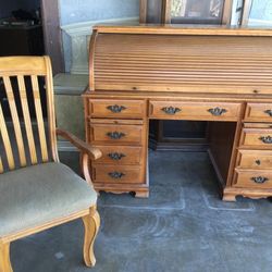 Vintage Solid Oak Wood Secretary Desk With Roll Top, Storage, Brown