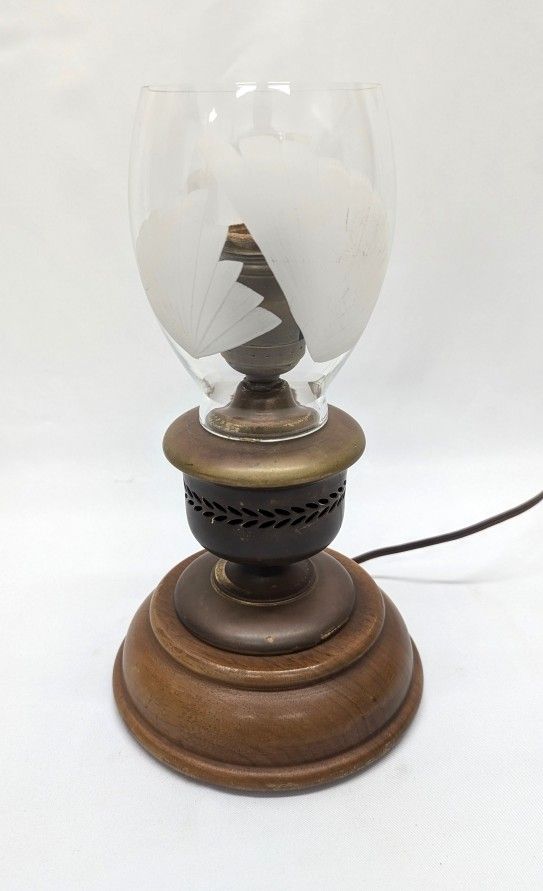 Vintage Brass, Wood and Glass Table or Desk Lamp