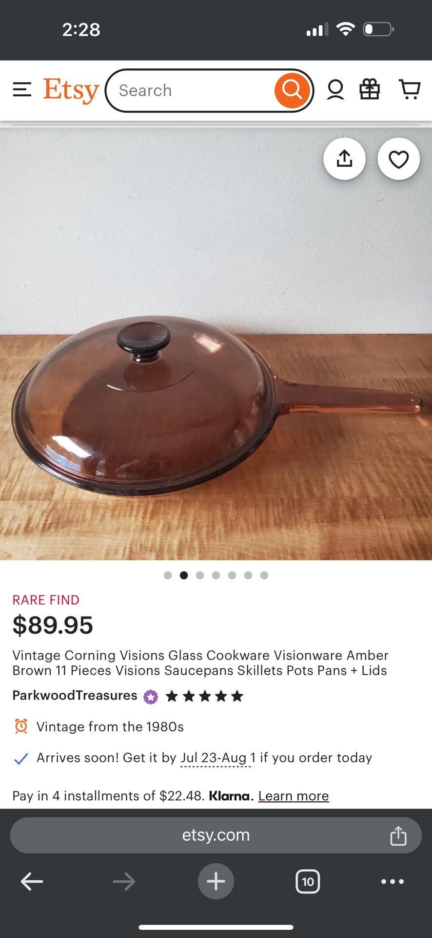 Vintage Corning Visions Amber Brown Skillet/Frying Pan 