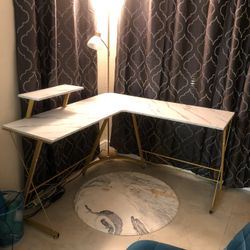 L-Shaped White & Gold Desk
