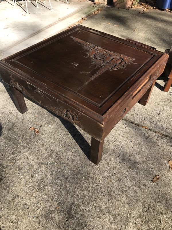 Handmade antique Japanese hand carved coffee table with 4 stools