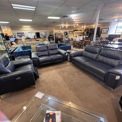 NEW💥Genuine Leather, Largo Upholstered Power Sofa,Loveseat, Recliner Ink Blue 3Pcs Set