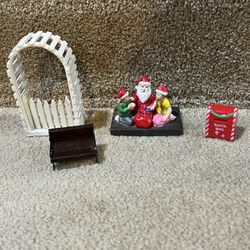 Christmas Village decor Santa Handing Out Present Mailbox Fence arch Bench lot