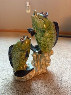Vintage Ceramic Two-Fish Figurine – Green Glazed Coastal Decor