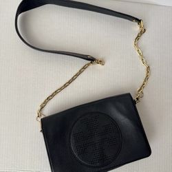 Tory Burch Black Leather Crossbody Bag Purse With Gold Hardware