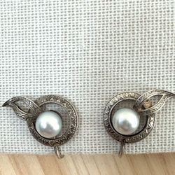 Vintage Sterling Silver Pearl Screw-Back Earrings