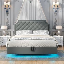 Modern Queen Bedroom Set - Floating LED Bed + Mattress + Nightstand (Like New)