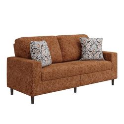 Square Arm Fabric Sofa In Terra Cotta Red With 2 Throw Pillows 