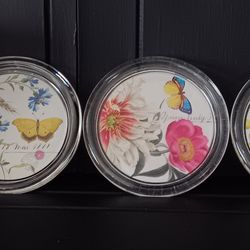Set Of 4 Fringe Studio Glass Floral Coasters With Felt Bottoms. Made In China.