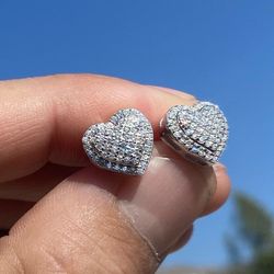 Real Solid 925 Sterling Silver Heart Shaped Earrings Shiny Flooded Out 0.65ct Moissanite Iced Passes Diamond Tester Screw Back