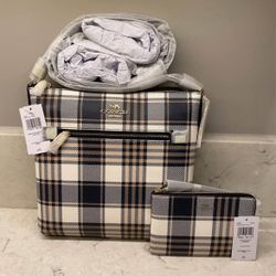 Coach Garden Plaid Set-Rowan File Bag and Matching Corner Zip Wristlet, new with tags