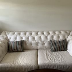White Leather Tufted Couch, Throw Pillows Included 