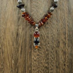 18" Sterling Silver Orange Amber & Stone Chips Necklace

