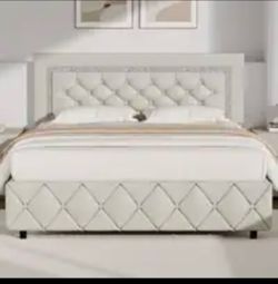 Queen size bed frame, beige color still in box