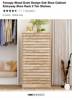 Famapy Wood Grain Design Oak Shoe Cabinet Entryway Shoe Rack 3 Tier Shelves