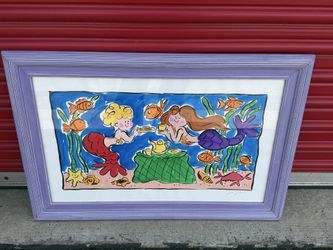 Sally Huss Mermaid's Tea Party Hand Painted Framed Print Painting Signed 26 x 16