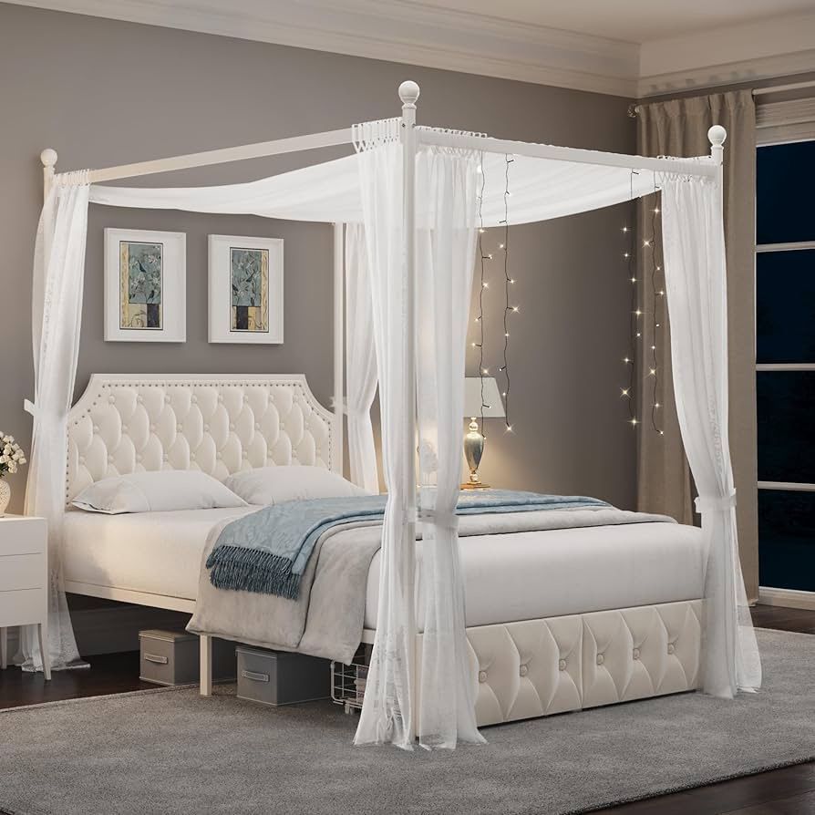 Full Upholstered Canopy Bed Frame with 2 Drawers and Button Tufted Headboard, Metal Platform Bed with 4 Removable Posts, Two-Purpose Velvet Bed No Box