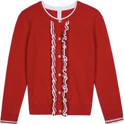 Girls Cardigan Sweater Crew Neck Button Down Ruffled Warm Knit Tops Red 11-12Y