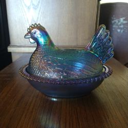 Vintage Iridescent Blue Hen On Nest/Carnivalii Glass/ Made By Indiana Glass Co